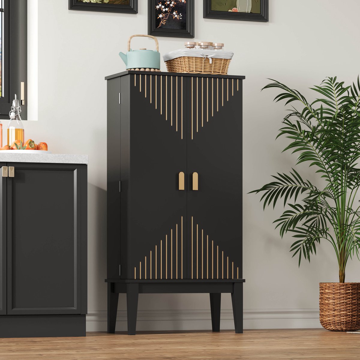 Wishdor - Keukenkast - 2-deurs opbergkast met 5 vakken en deurvakken - vintage stijl - voor keuken en hal - houtlook - zwart - 120 x 59 x 30 cm