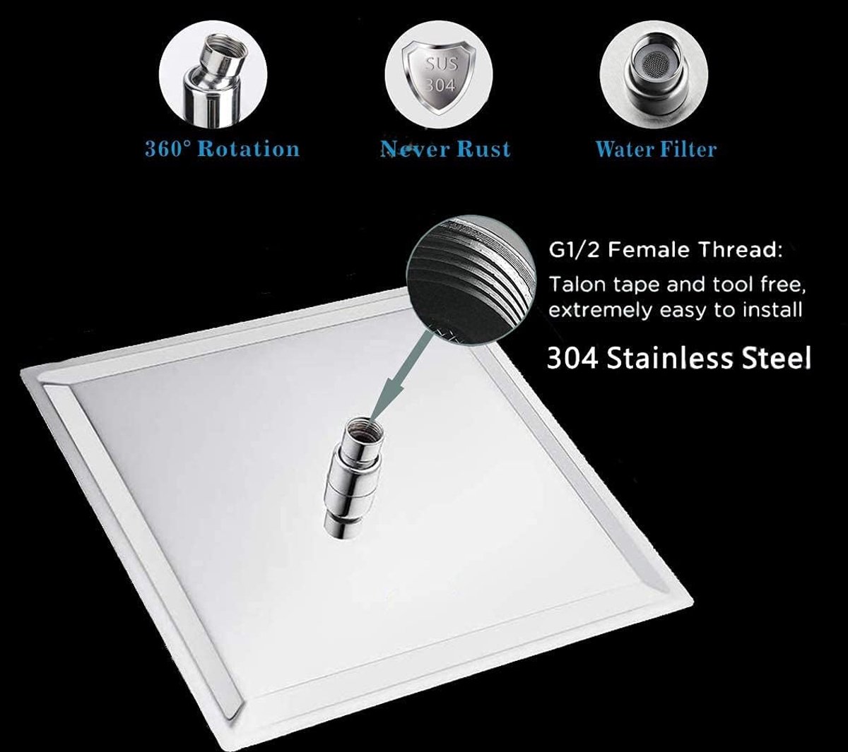 SnelShoppen - Rain Shower Head 20x20 cm - Vierkant RVS Douchekop - Zelfreinigend - Hoogdruk - Chroom - Luxe Douche-ervaring voor Badkamer