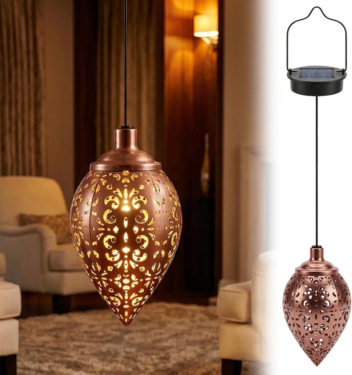SnelShoppen - Solar Pendant Light Buiten Hanglamp Vintage Metalen IP65 Waterdicht Solar Lantaarn Tuin Balkon Patio Decoratie Warm Wit Licht