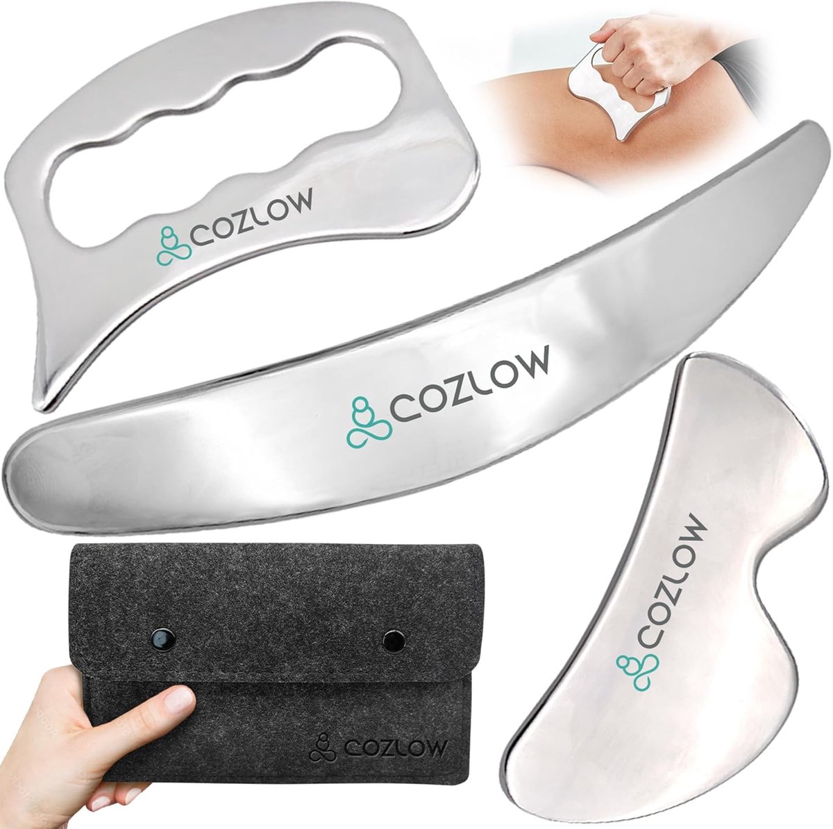 SnelShoppen - 3 in 1 RVS Spier Scraper Set - Body Scraper Massage Tools voor IASTM Therapie - Gua Sha Diepe Weefsel Massager - Professioneel en Thuisg