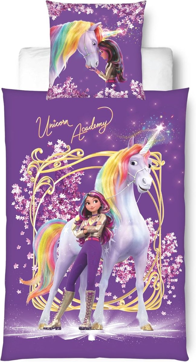 SnelShoppen - Unicorn Academy Dekbedovertrek 135 x 200 cm - Kinderen Bedlinnen met Kussensloop 80 x 80 cm - Reversible Microfibre, Zipper, Paarden The