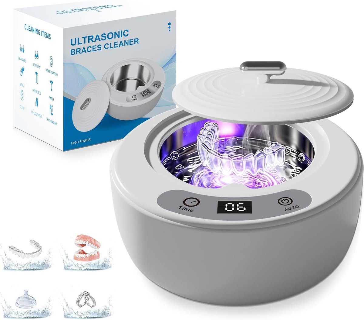 SnelShoppen - Ultrasoon reinigingsapparaat 49.000 Hz, 180 ml ultrasoonreiniger voor tandprothesen, kunstgebitten, retainer, aligners, sieraden - Digit