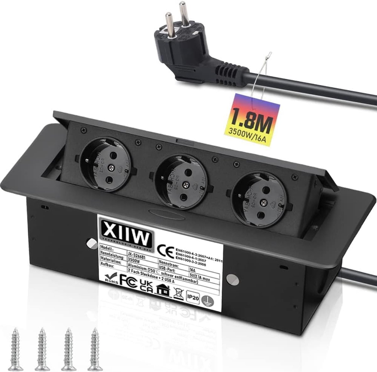 SnelShoppen - Recessed Socket Aluminium Inbouw Stopcontact - 3x Type F Schuko, Vlamvertragend 750°C, 1.8m Kabel, 3500W/16A - Uittrekbaar Tafel Stopcon