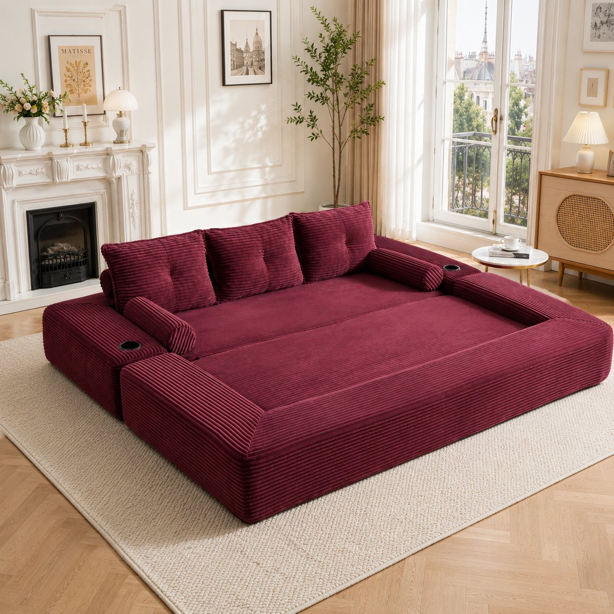 STILVORA Slaapbank 232 x 98 x 80 cm - 3-Zits Uitklapbaar Met Bekerhouder, Zijvakken En Memoryschuim Kussens - Woonkamer - Cordstof Wijnrood