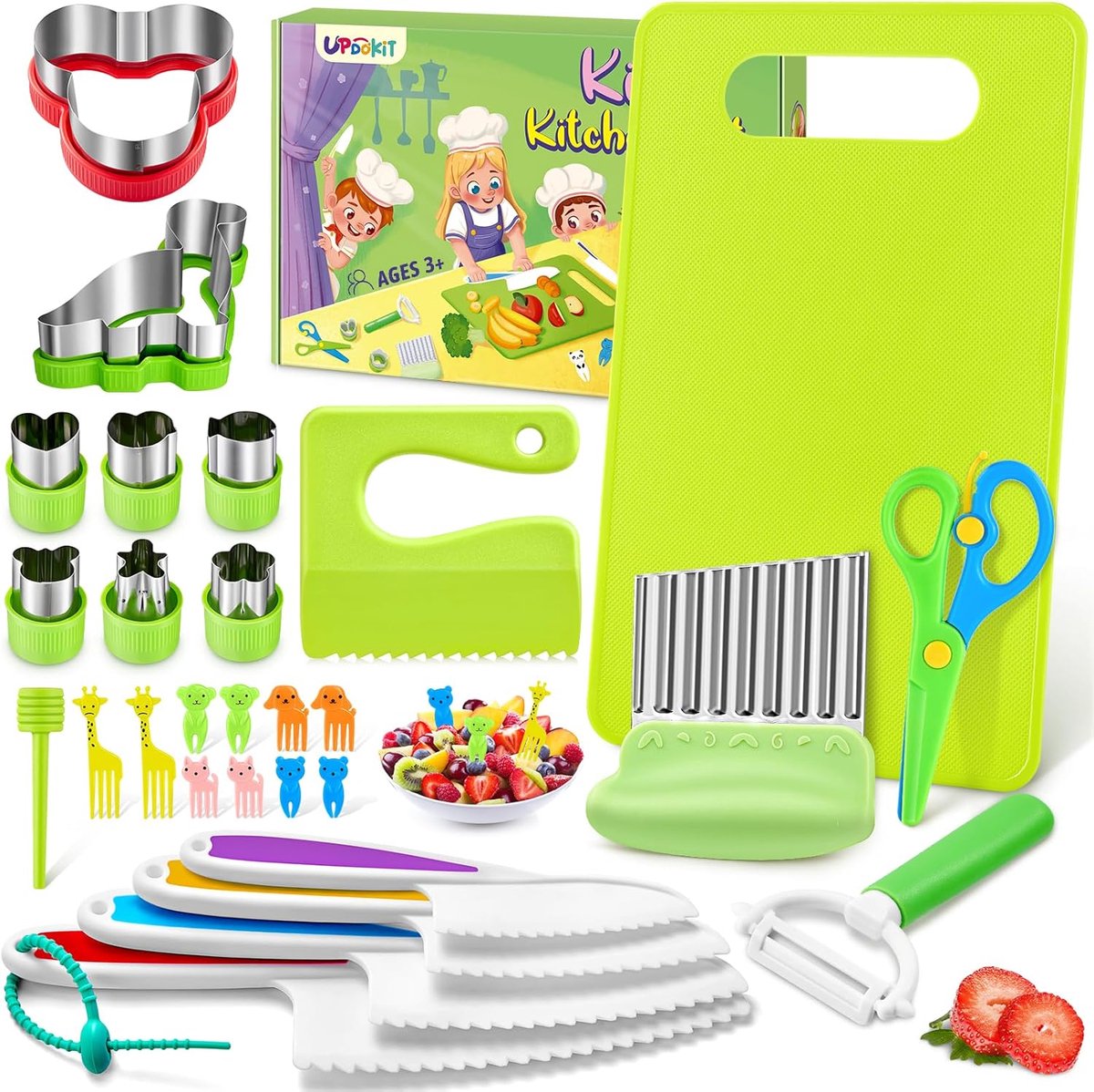SnelShoppen - Montessori Kindermessen Set - 28-delige Kinderkeuken Messenset met Snijplank, Golfsnijder, Vorken, Kindermessen voor Koken en Snijden va
