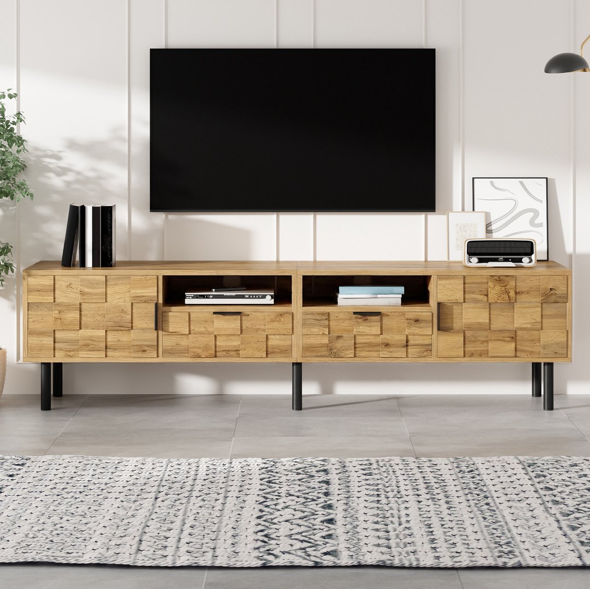 Wishdor - TV meubel kast - mozaiekfront - 2 deuren en 2 lades met open vakken - modern Scandinavisch woonkamermeubel - houtlook en metaal - naturel zwart 160 cm