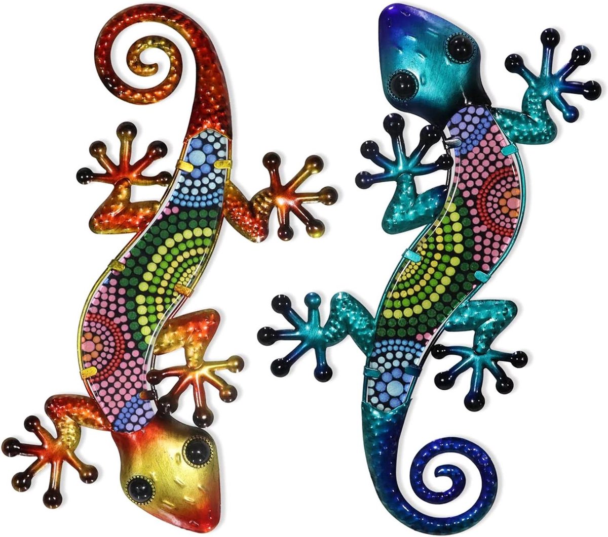 Metalen Gekko Decoratie - Tuin Beeldjes - Buiten Decoreren - Set van 2 - 45cm - Multicolor