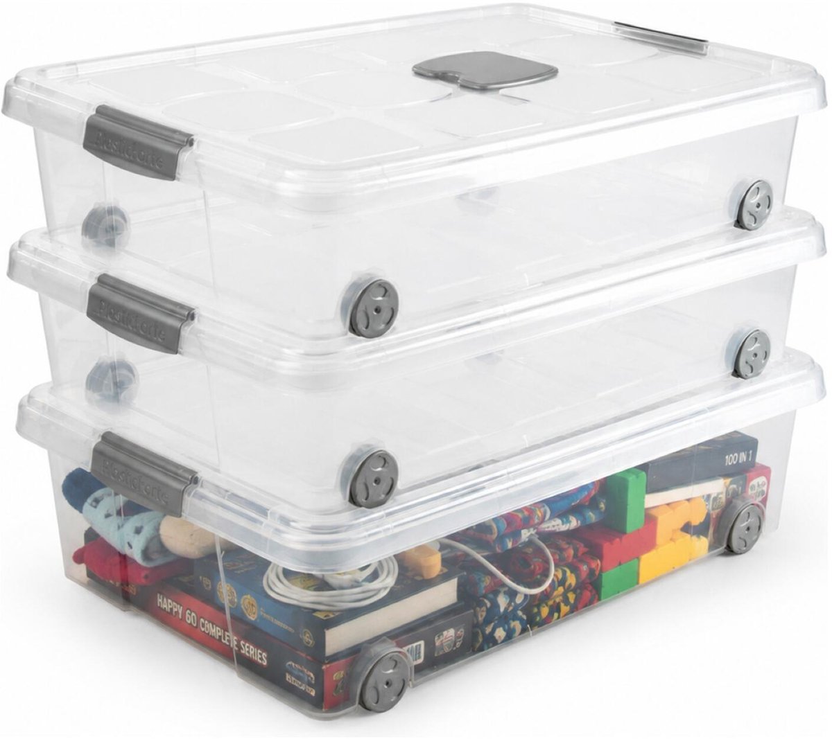 Plasticforte Opslagbox - 3x stuks - met deksel - 31L - 62 x 45 x 18 cm - transparant - opbergbak - met wielen