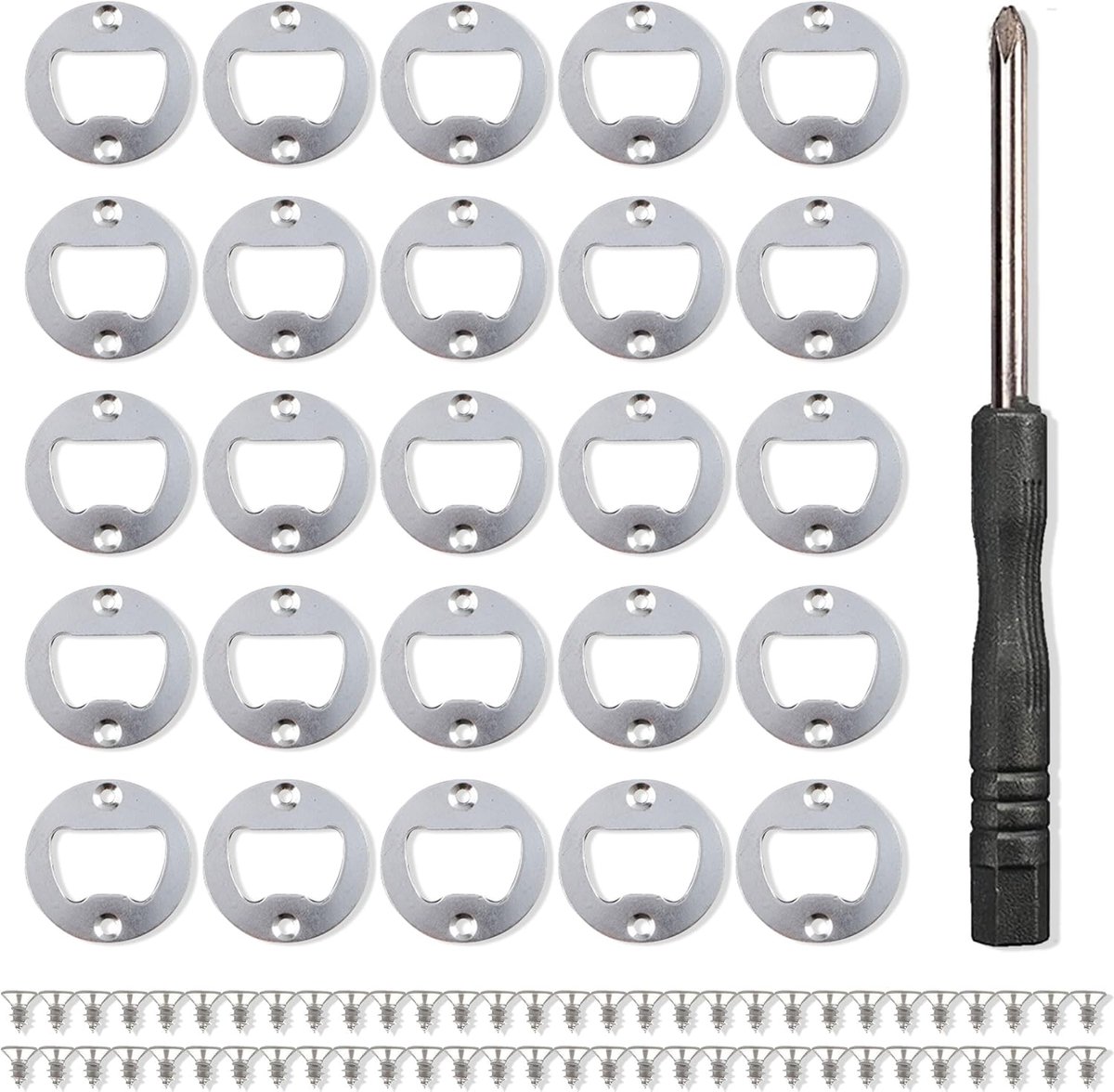SnelShoppen - 25-delige Ronde Flessenopener Set, Roestvrijstalen DIY Flessenopener Kit voor Keuken, Bar en Feesten - Compleet met Schroeven en Schroev