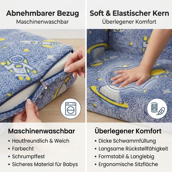 STILVORA Kinderfauteuil Compact Formaat - Opklapbaar Met Lichtgevend Ruimtepatroon En Afneembare Hoes - Voor Kinderkamer - Stof Blauw van STILVORA — afbeelding 5