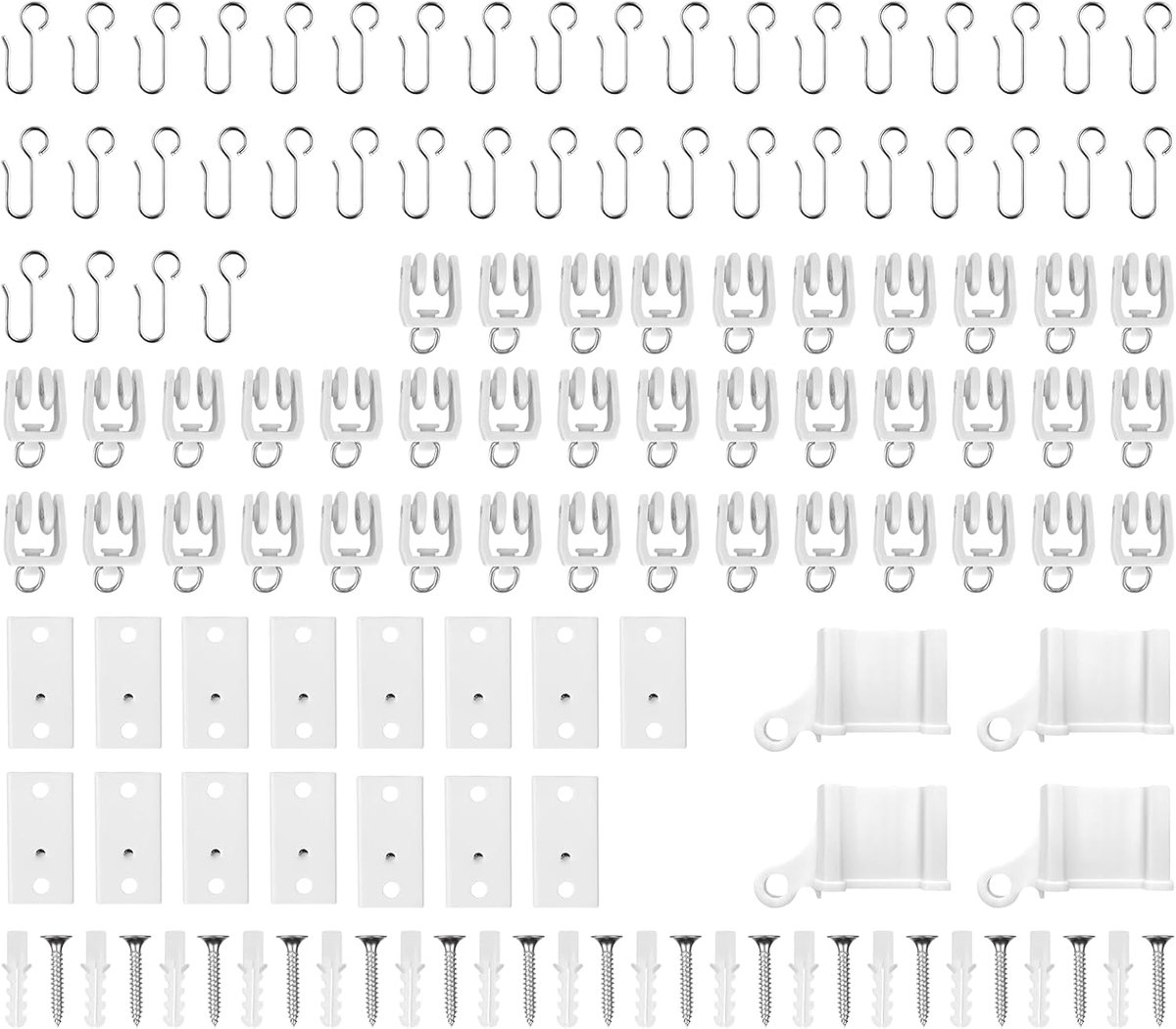 SnelShoppen - 114 Pcs Gordijnrail Accessoires, Geluidsdempende Roller Eindkappen, Sterke Metaal Gordijnhaken, Gordijn Glijders, Plafondmontage voor Go