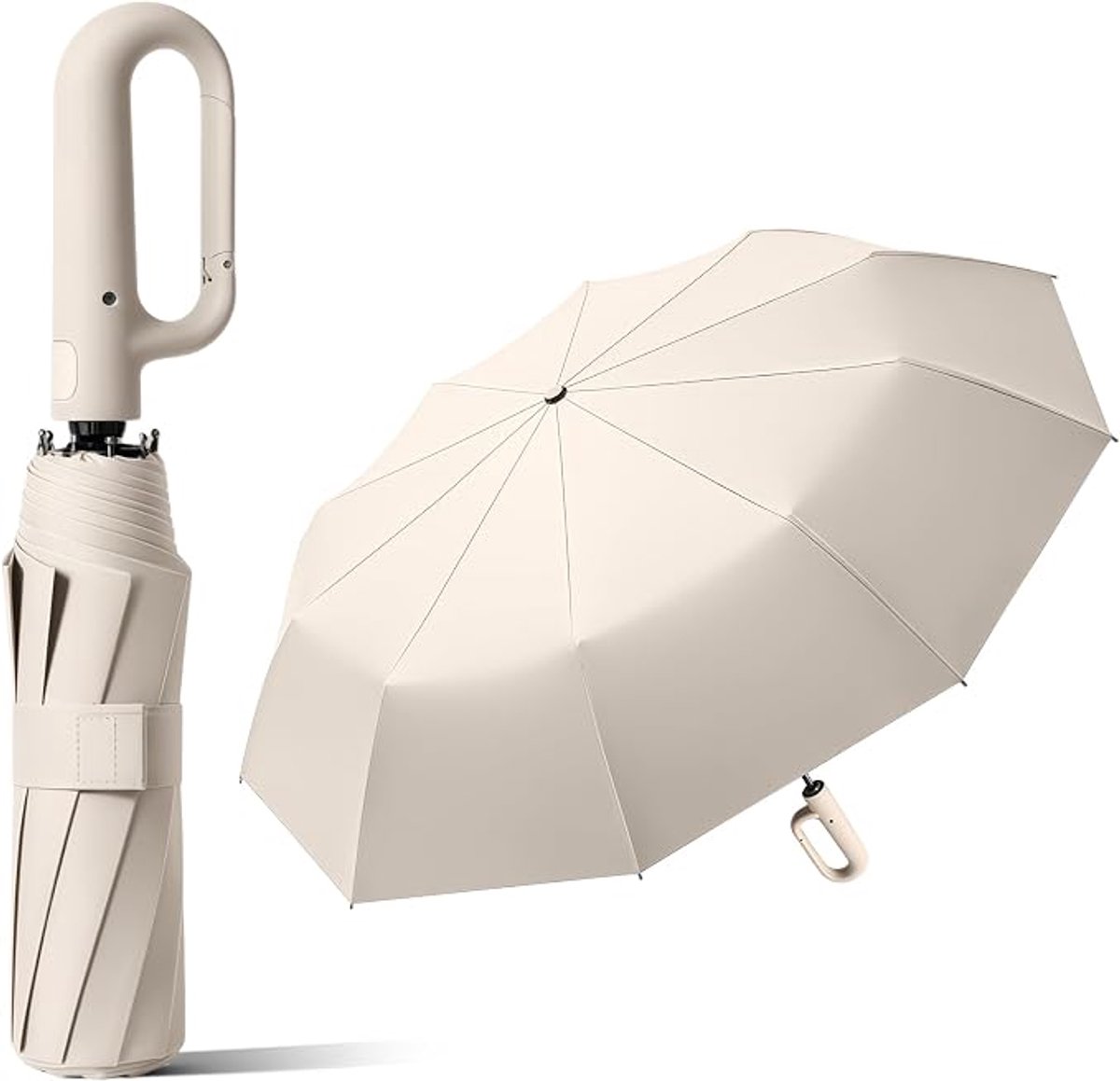 Automatische Opvouwbare Paraplu met Ringhandvat - Windvast 20 Glasvezel Ribben, Zwarte Anti‑UV Coating, Automatische 3‑Vouw Paraplu met Ringhandvat,Regen‑ en Zonparaplu，Opvouwbare Automatische Paraplu met Ophangring, Compact Reisparaplu, Beige