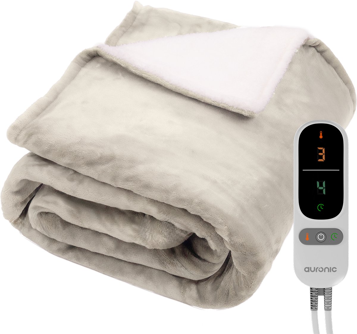 Auronic Elektrische Deken - 200 x 180 cm - 2 Persoons Warmtedeken - 9 Warmte en Timerstanden - Verwarmingsdeken - Sherpa Fleece - Beige