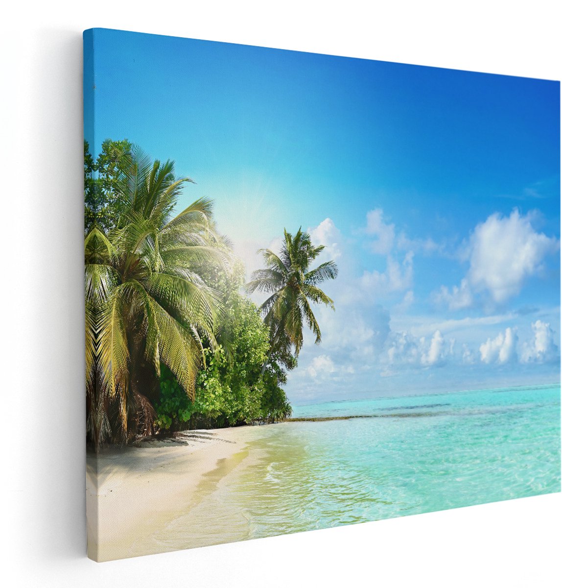 Artaza Canvas Schilderij Tropisch Strand Bij De Licht Blauwe Zee - 150x120 cm - Groot - Wanddecoratie Woonkamer - Schilderijen - Muurdecoratie