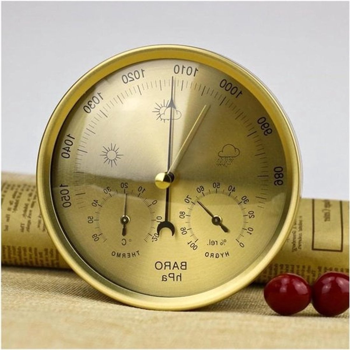 Analoge Weerstations - Barometer Thermometer - Weer Voorspellen - Duurzame Constructie - 13 cm - Goudkleurig