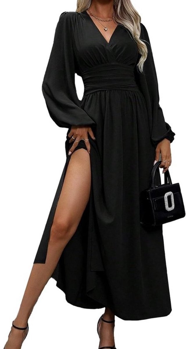 Elegante Maxi Jurk Dames met V-Hals, Pofmouwen en Split - Geschikt voor Feest en Bruiloft