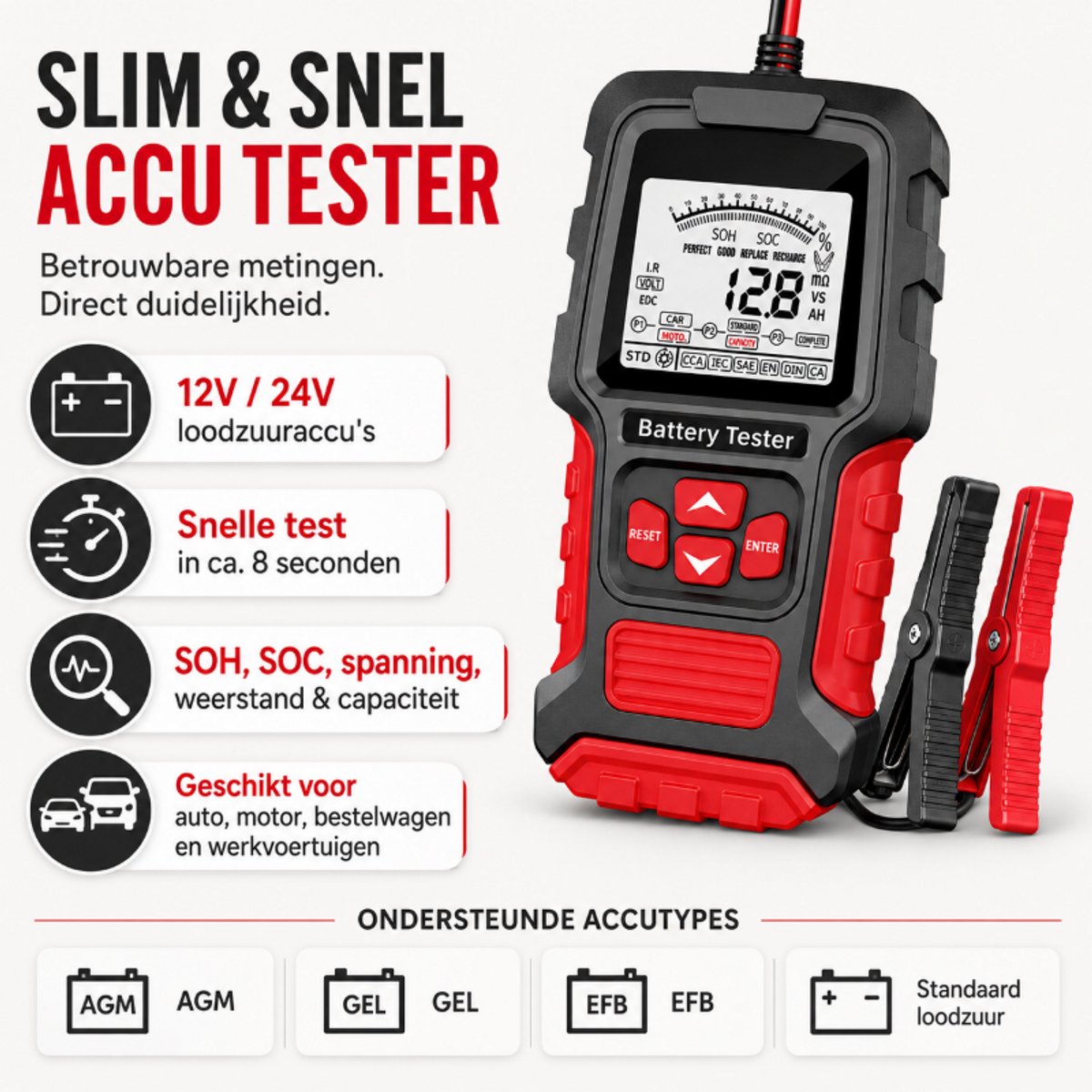 Batterijtester auto- Accu tester 12V 24V- Accudiagnose Tool -Storing Verwijderen – Auto Uitlezen –Voor Motor,Scooter,Boot,Camper thumbnail 2