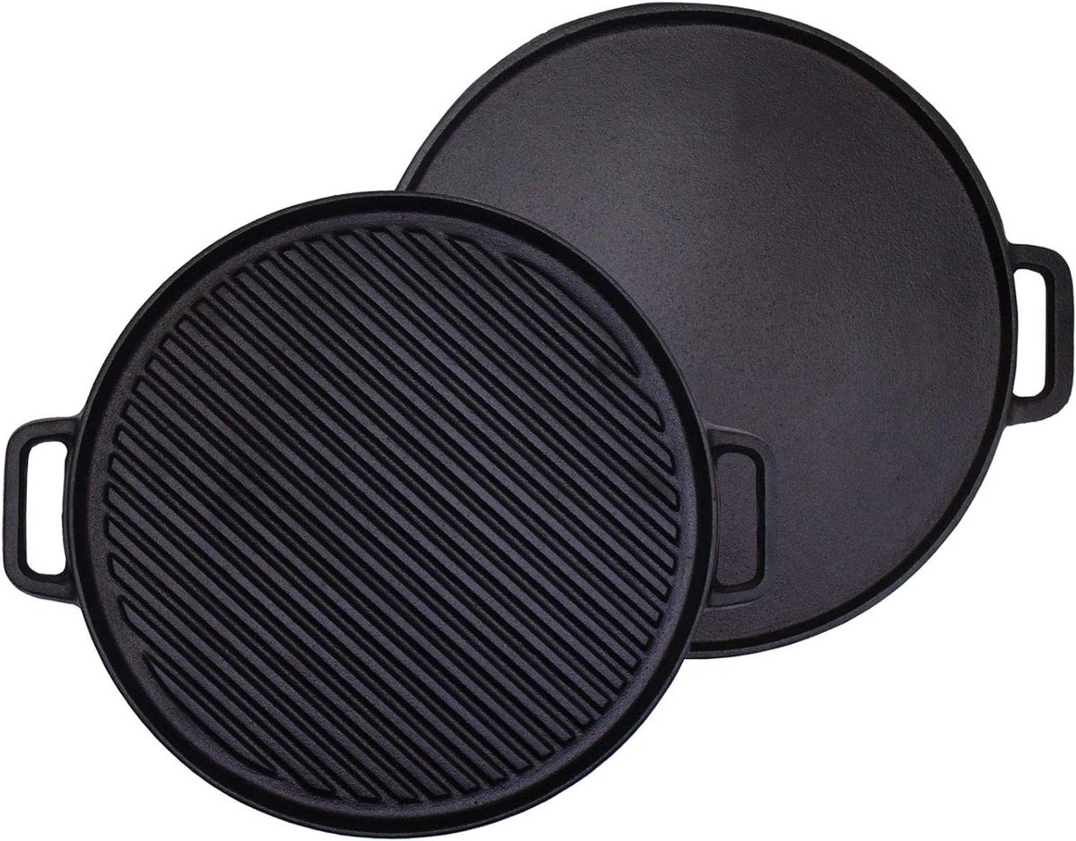 Gietijzeren Grillplaat - Dubbelzijdige Pan - Koken en Grillen - Omkeerbaar Ontwerp - 30 cm - Zwart