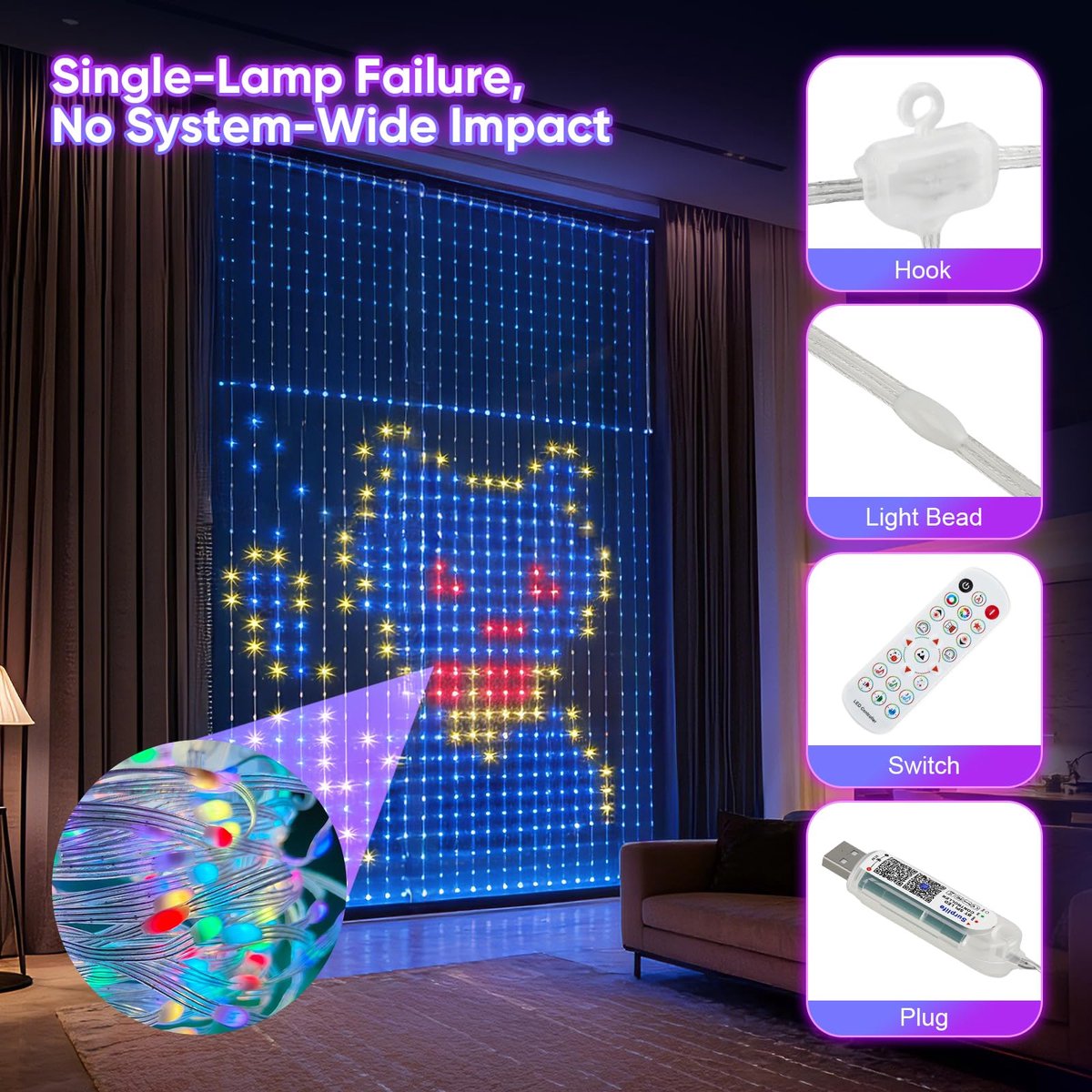 Namajunas - Smart Lichtgordijn - 3M x 3M - 400LED RGB - DIY Patronen Mogelijk - Met Eigen App & Afstandsbediening - Timer - Muziek‑gestuurd Licht - IP44 - Lichtgordijnen – Sfeerverlichting - Binnen en Buiten - Decoratie voor Huis - Cadeaus voor Kerst – foto 4