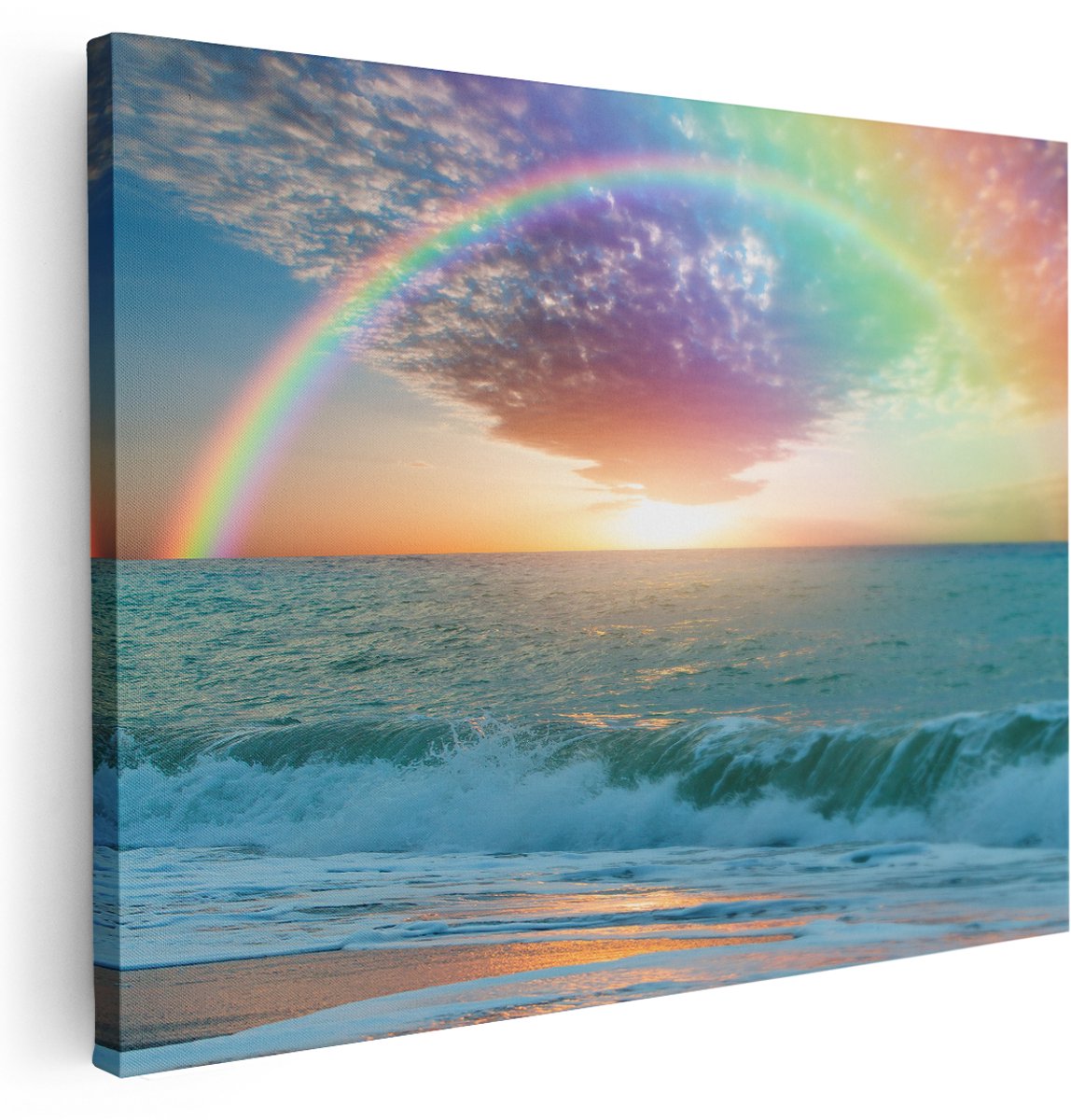 Artaza Canvas Schilderij Regenboog in het Water bij het Strand - 160x120 cm - Groot - Wanddecoratie Woonkamer - Schilderijen - Muurdecoratie