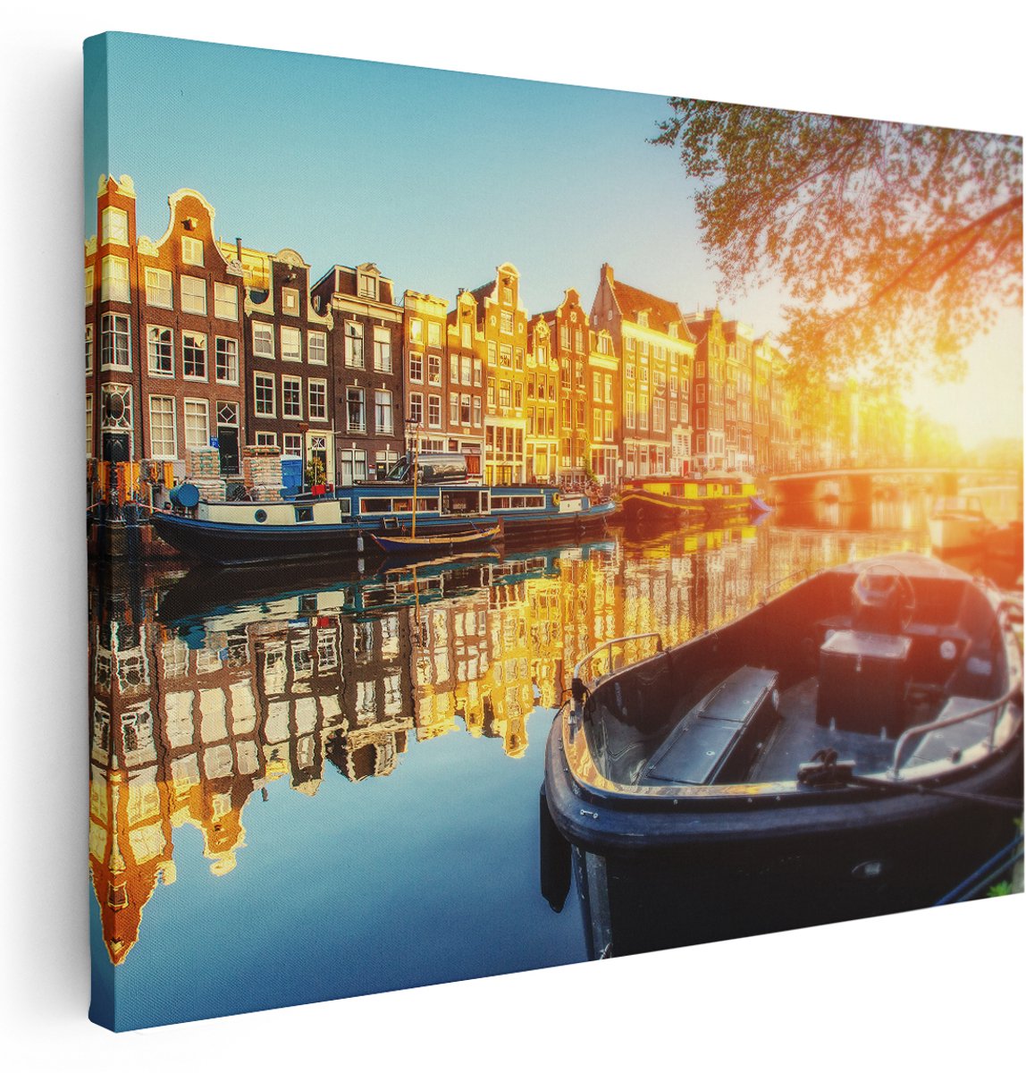 Artaza Canvas Schilderij Amsterdamse Brug - Gracht - Met Bloemen - 160x120 cm - Groot - Wanddecoratie Woonkamer - Schilderijen - Muurdecoratie