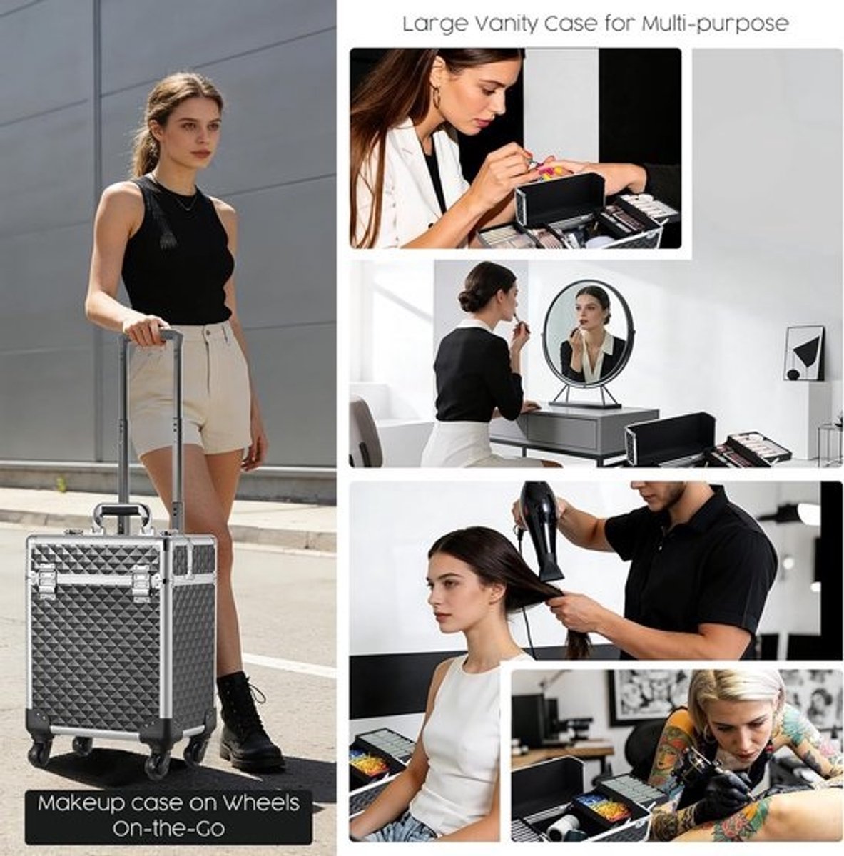 Professionele Make-up Trolley op Wielen - Grote Aluminium Kapper & Cosmetica Koffer Zwart
