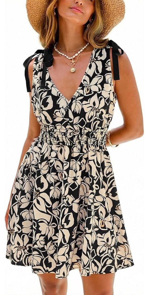 Zomerjurk Dames Strandjurk V-hals Korte Mouwen Paisley Patroon Smock Taille