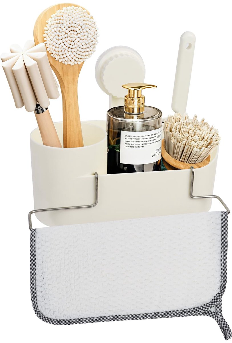 Spoelbak Organizer - Zelfleegmakend - Voor Wandmontage - Met Sponshouder, Afwasmiddelhouder, 2 Borstels & Theedoek - Voor Keuken Organisatie - Wit