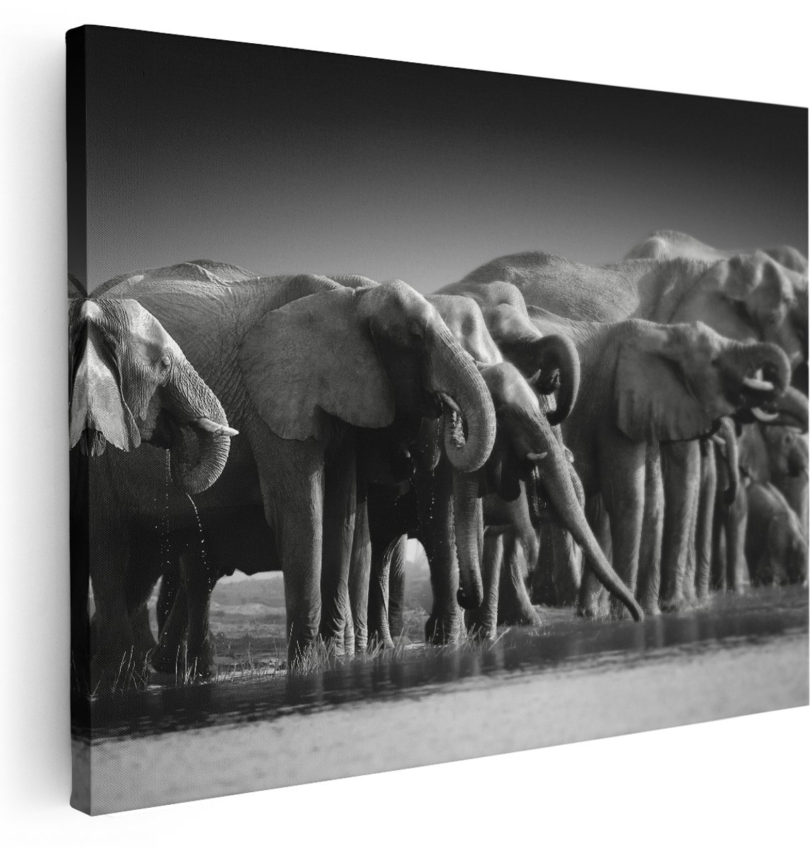 Artaza Canvas Schilderij Groep Olifanten Bij Het Water - Zwart Wit - 160x120 cm - Groot - Wanddecoratie Woonkamer - Schilderijen - Muurdecoratie