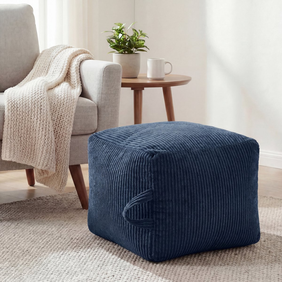 SHANNA Vierkante Poef - Zachte Corduroy - 50×50×35 cm - Zeeblauw - Afneembare ritshoes - Multifunctionele voetensteun