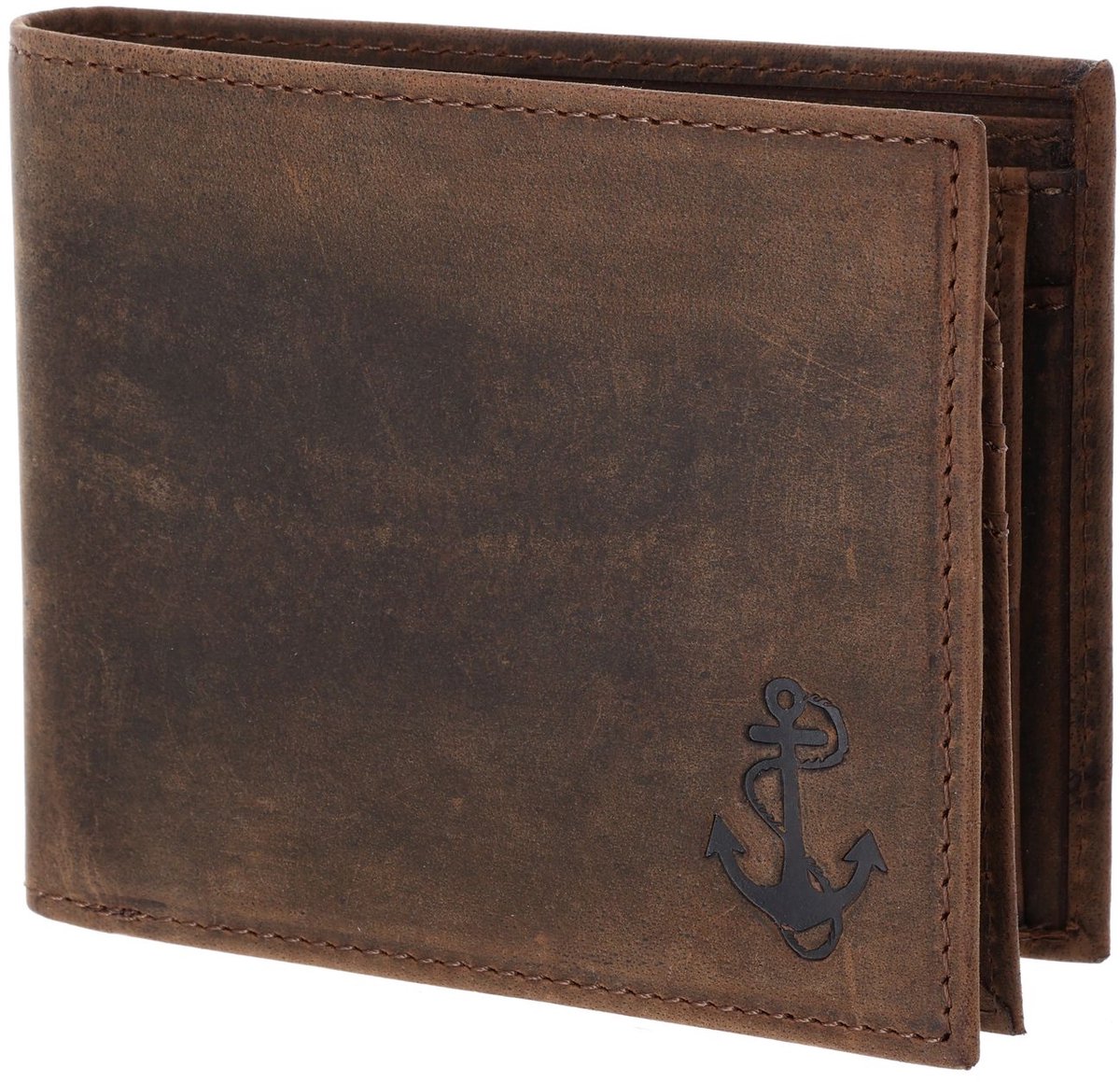 oxmox Leren portemonnee Leather RFID Protect Querscheinbörse Freedom Anchor Embossed Vintage Dark Brown donkerbruin