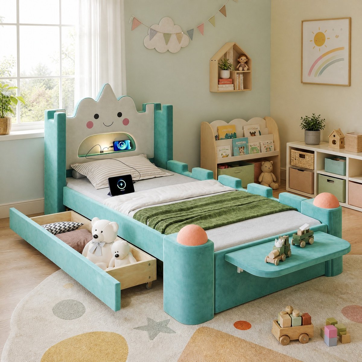MODENUIT Kinderbed – 90x200 cm – LED Leeslamp en USB – Stof – Blauwgroen – Bedlade en Zijbescherming