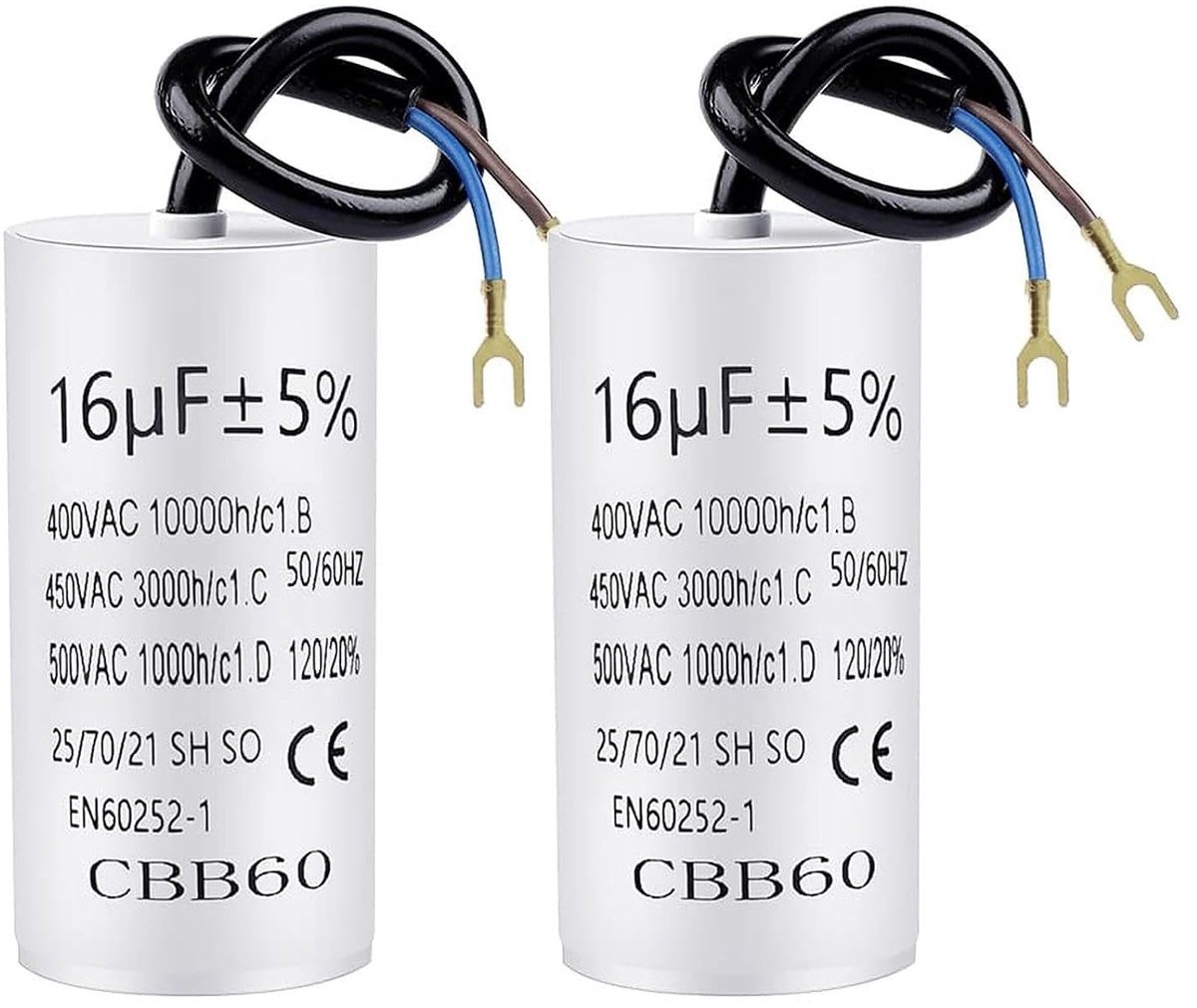 CBB60 Condensator 16µF 450V voor 50/60Hz Toepassingen met 20cm Aansluitkabel en Betrouwbare Prestaties