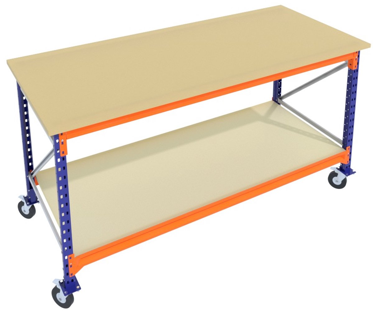 Verrijdbare Werkbank & Inpaktafel mobiel Blauw 200cmx105cm - 2 niveaus (multiplex, zwarte wielen)