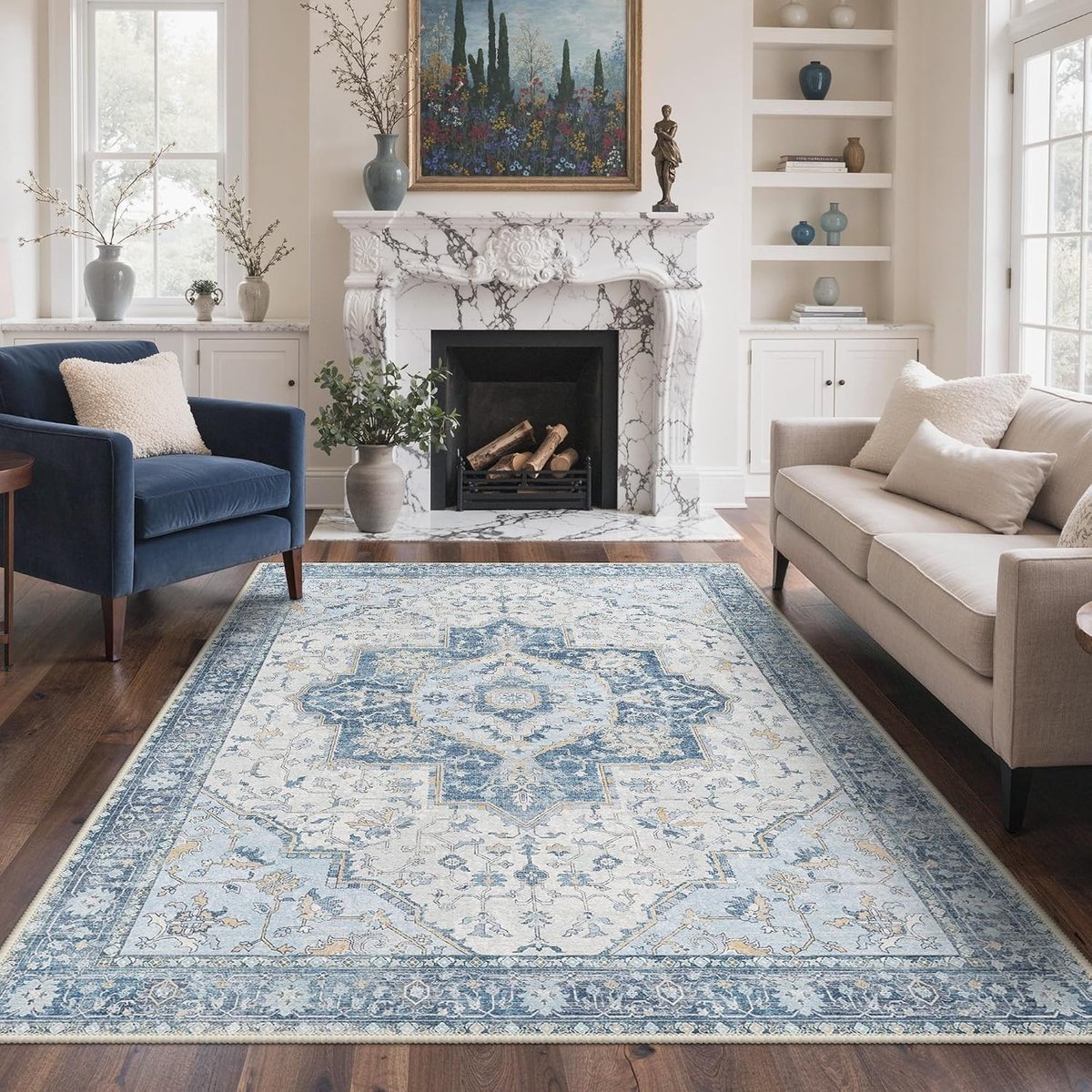 Wasbaar vintage boho-tapijt voor woonkamer en slaapkamer, antislip en zacht, ideaal voor badkamer en eetkamer, stofblauw, korte pool, groot formaat