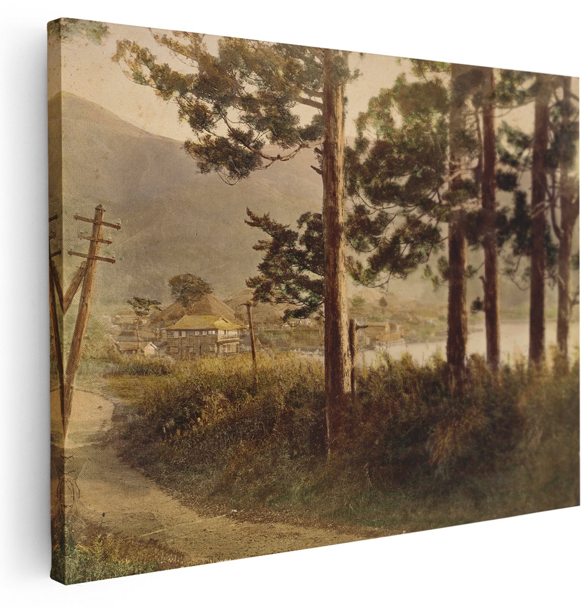 Artaza Canvas Schilderij Japans Dorp - 160x120 cm - Groot - Wanddecoratie Landschap - Muurdecoratie Japandi Bomen - Kamer Accessoires Vintage