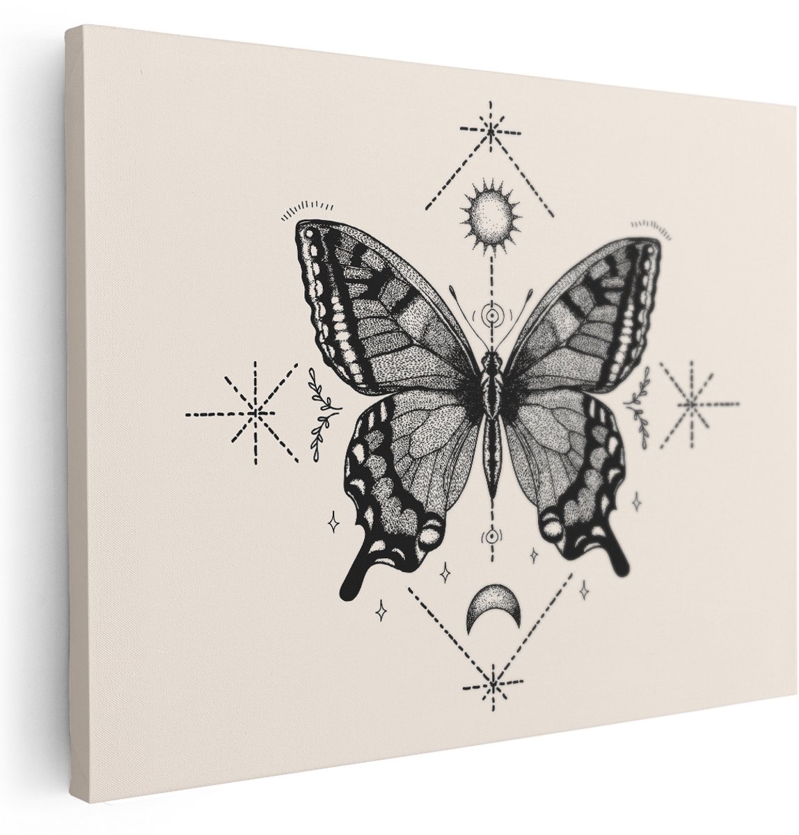 Artaza Canvas Schilderij Mystieke Vlinder - 160x120 cm - Groot - Geometrische Wanddecoratie - Boho Muurdecoratie Zwart - Schilderijen Op Canvas