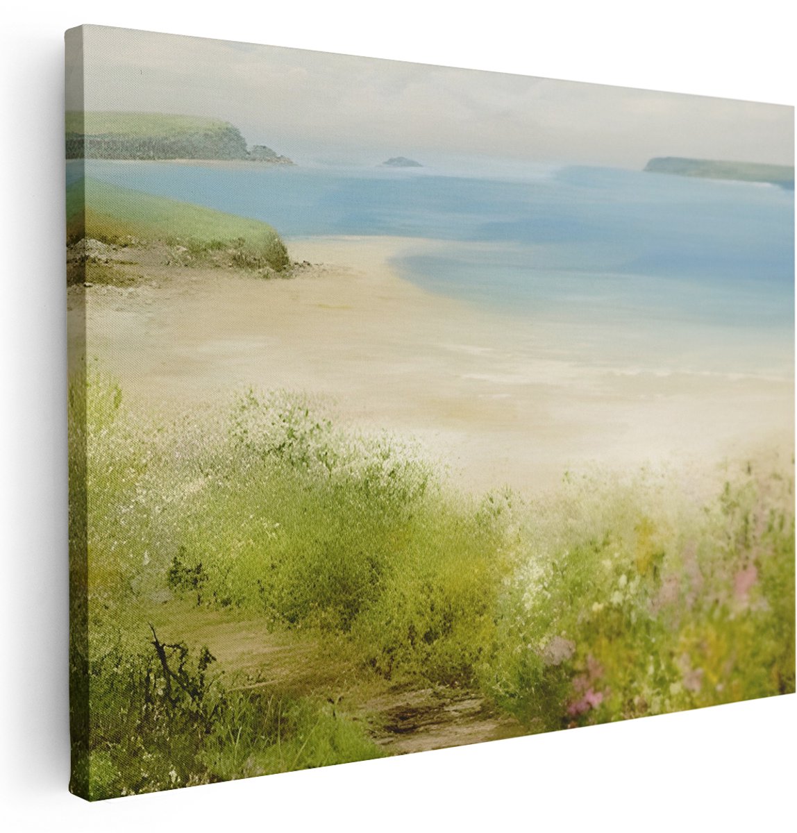 Artaza Canvas Schilderij Strand Zee - 160x120 cm - Groot - Wanddecoratie Kustlandschap - Muurdecoratie Wilde Bloemen - Decoratie Natuur - Kamer Accessoires