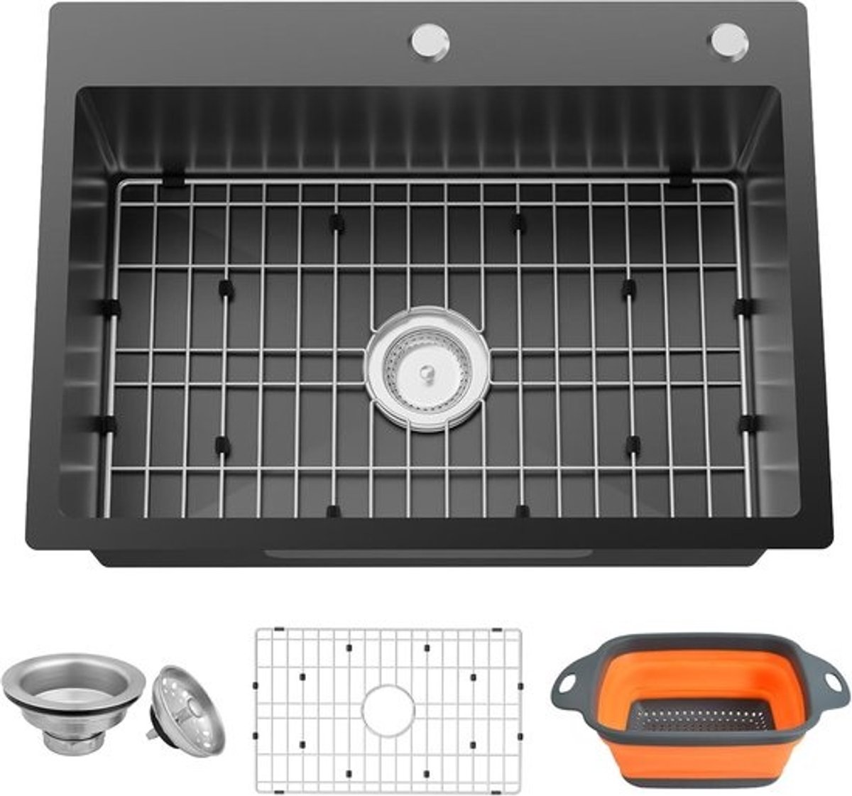 Zwarte Inbouwkastspoelbak RVS 60x45 cm - Topmount Keukenspoelbak Inclusief Rooster