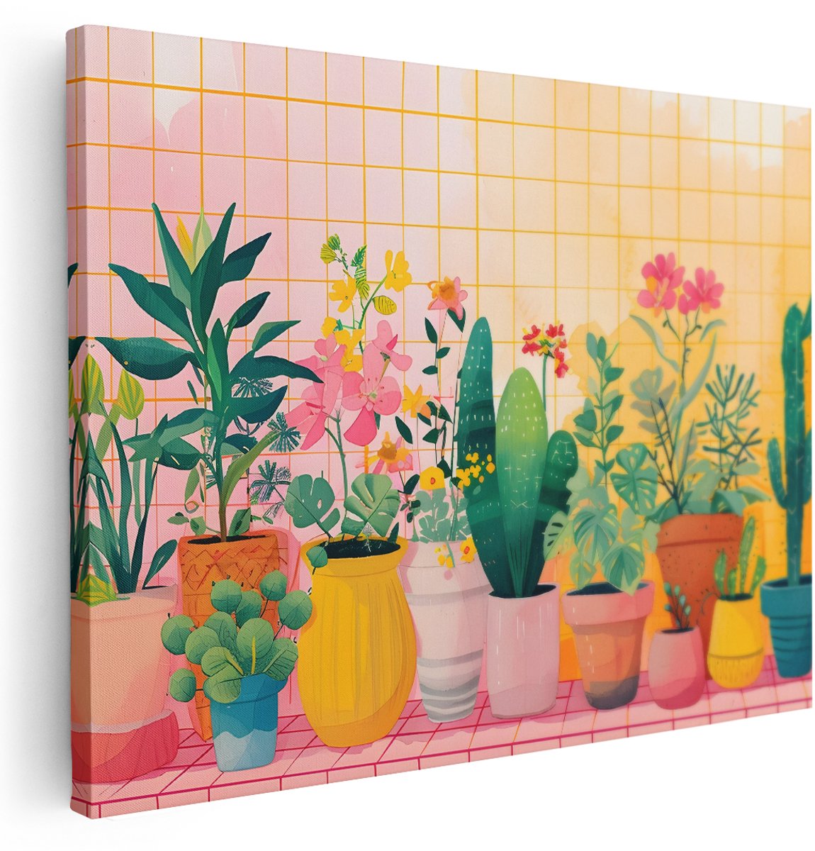 Artaza Canvas Schilderij Planten In Potten - 160x120 cm - Groot - Wanddecoratie Bloemen - Muurdecoratie Cactus - Schilderijen Op Canvas Boho