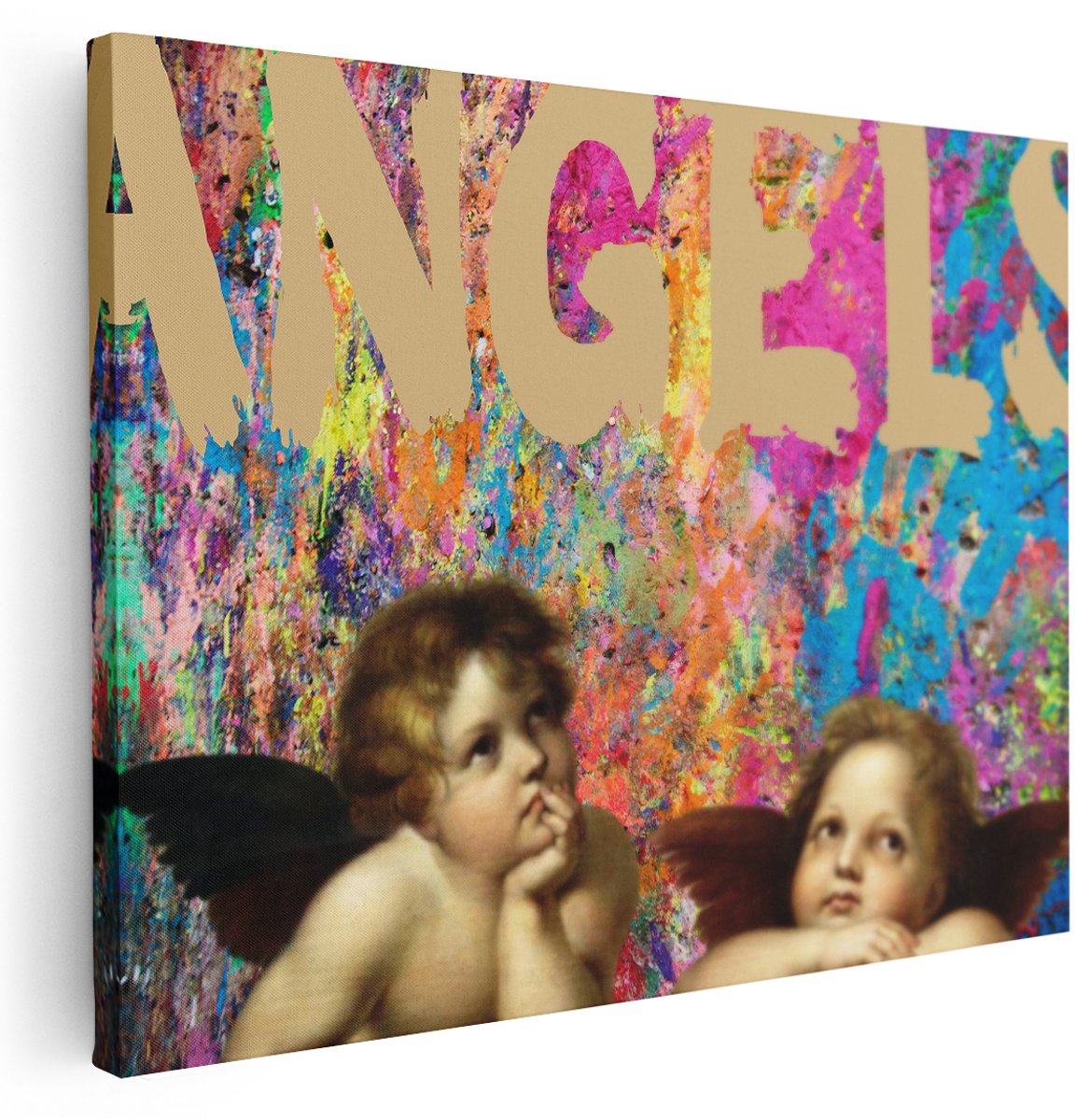 Artaza Canvas Schilderij Cherubijnen - 160x120 cm - Groot - Wanddecoratie Kleurrijk - Muurdecoratie Graffiti - Decoratie Modern Schilderij Met Tekst - Kamer Accessoires