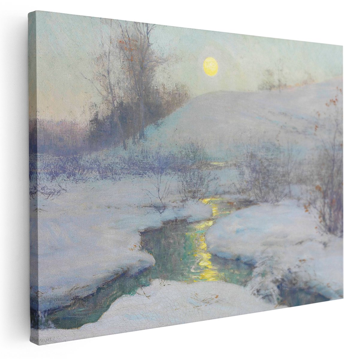 Artaza Canvas Schilderij Besneeuwd Landschap - 160x120 cm - Groot - Wanddecoratie Beek - Muurdecoratie Natuur - Kamer Accessoires Zon
