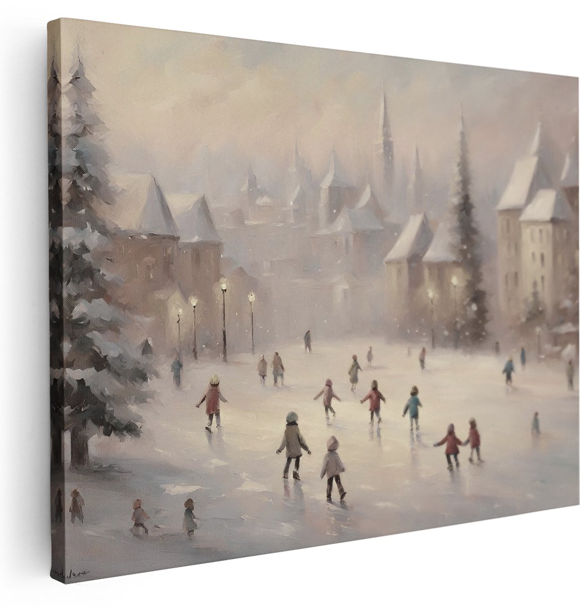 Artaza Canvas Schilderij Winterlandschap - 160x120 cm - Groot - Wanddecoratie Schaatsen Op Het Ijs - Muurdecoratie Kinderen - Schilderijen Op Canvas