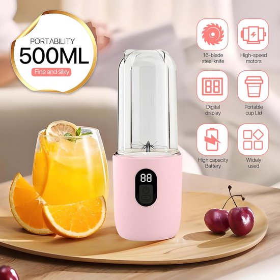 Mini Blender - Draagbare Mixer - Gezonde Drankjes Maken - Krachtige 16-Blads Motor - 500ML Fles - Roze — afbeelding 3