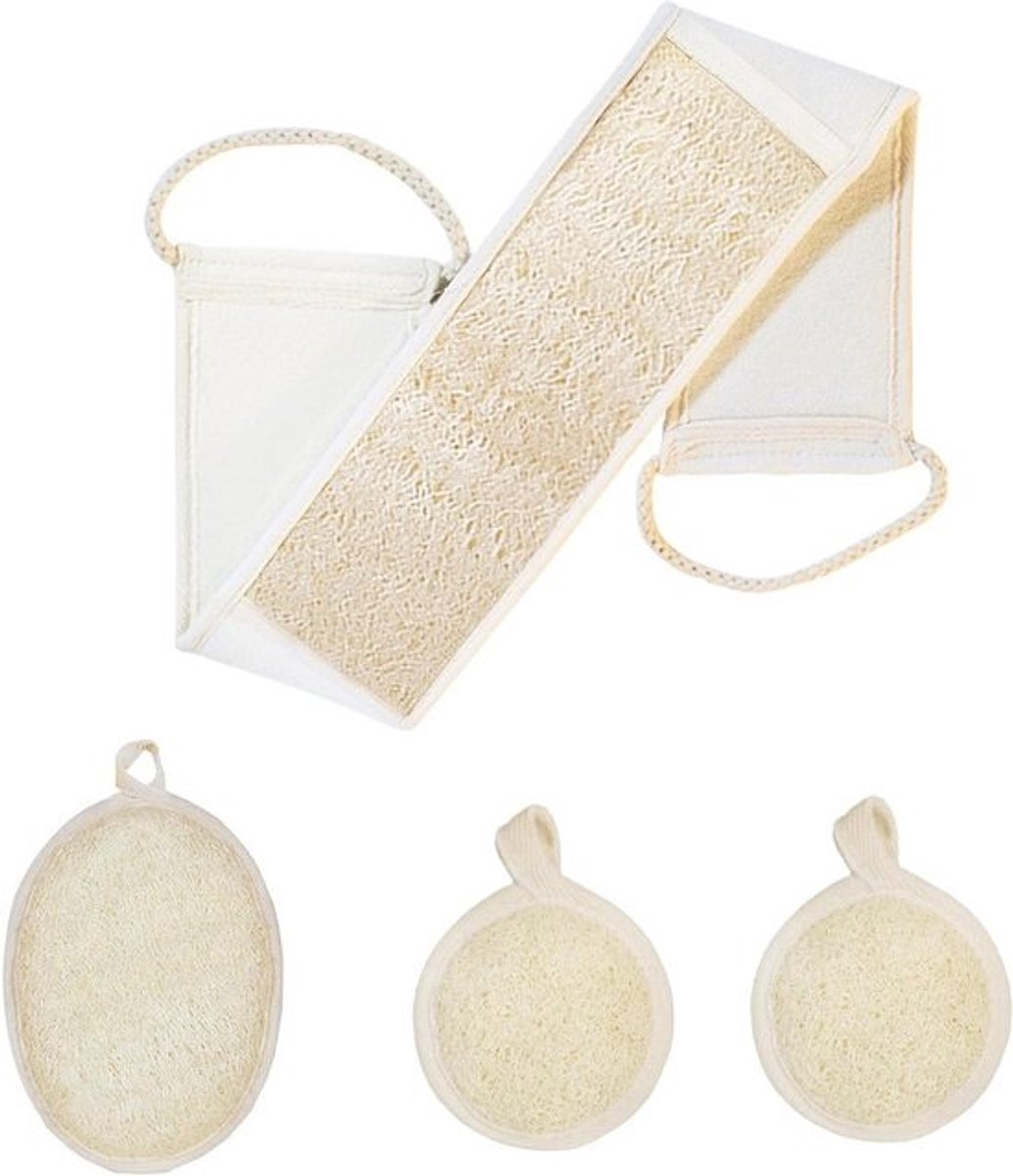 Loofah Spons Set - Bad Spons - Huid Reinigen - Natuurlijk Biologisch Afbreekbaar - 4 Stuks - Naturel