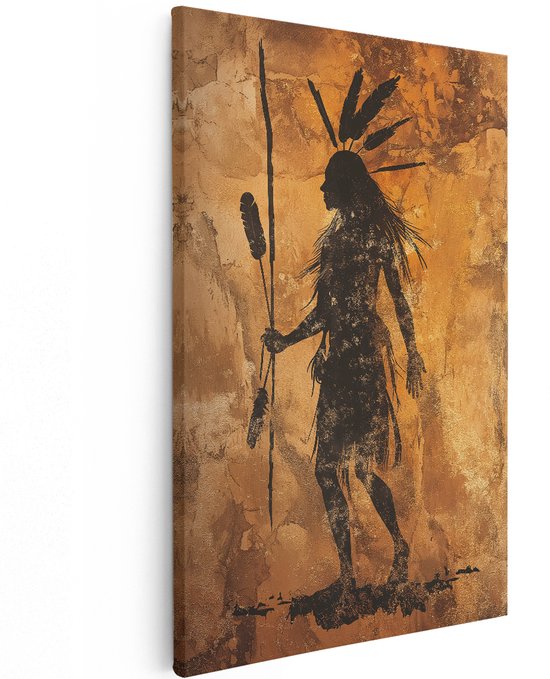 Toile en vue latérale montrant la silhouette d'une femme amérindienne avec une coiffe de plumes et une lance sur fond orange.