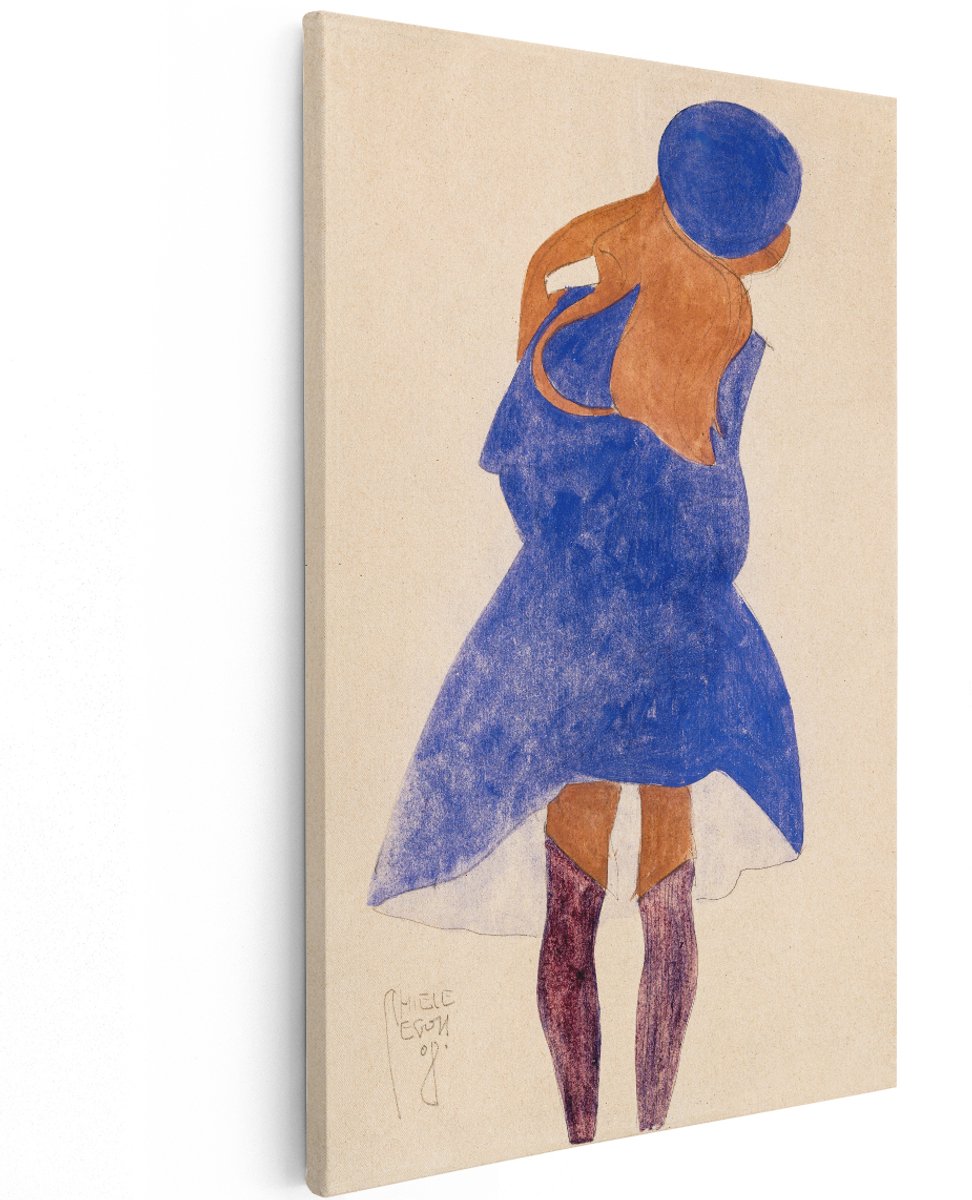 Artaza Canvas Schilderij Vrouw Egon Schiele - 120x180 cm - Groot - Wanddecoratie Vintage - Muurdecoratie Meisje - Schilderijen Op Canvas Blauw