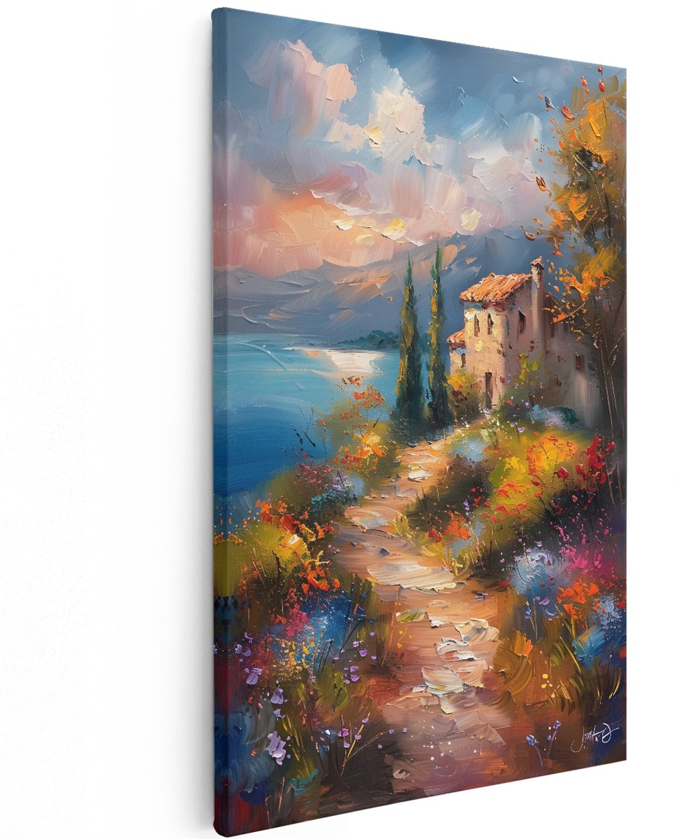 Artaza Canvas Schilderij Toscaans Landschap - 120x180 cm - Groot - Wanddecoratie Mediterrane Villa - Muurdecoratie Bloemen - Decoratie Kust
