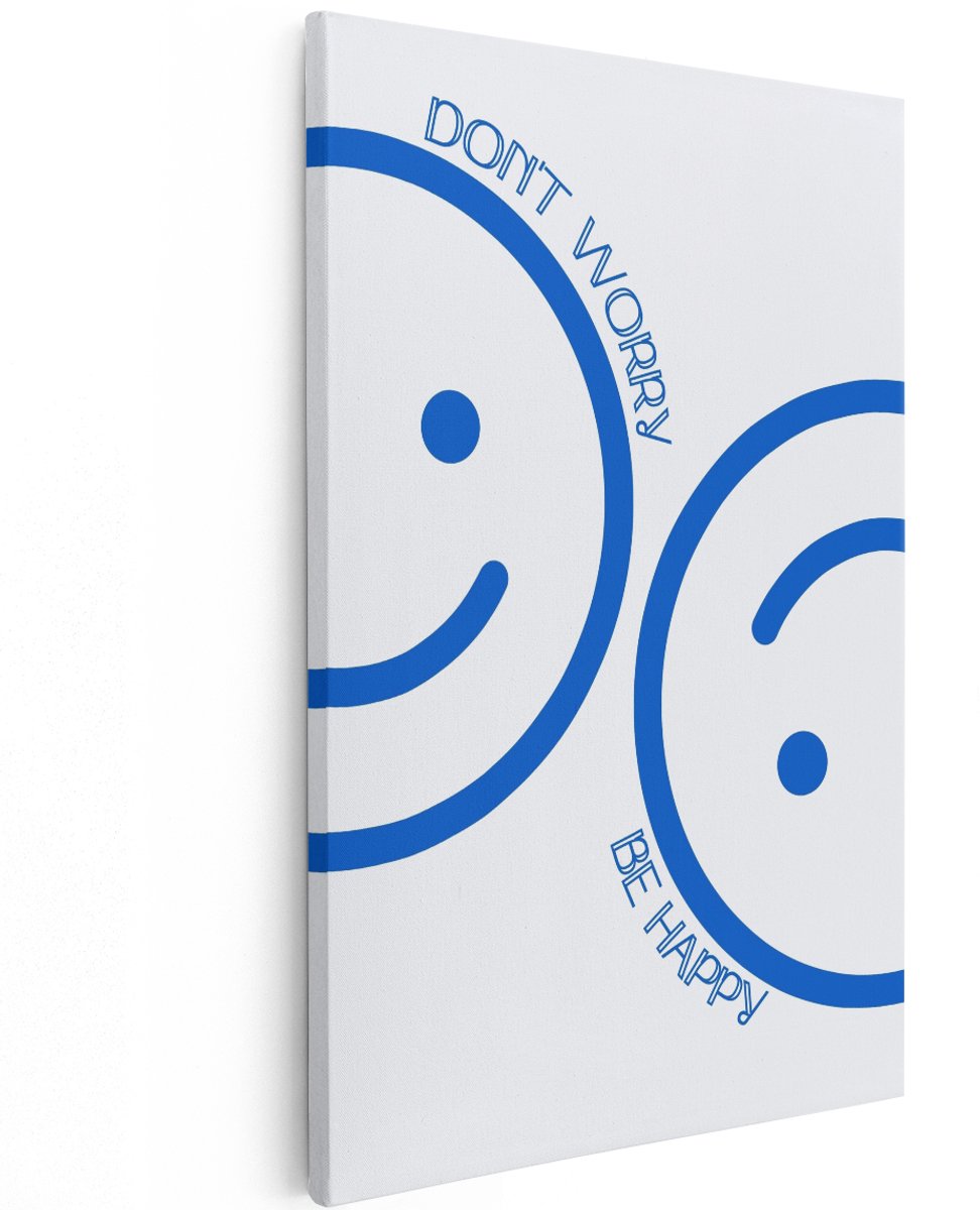 Artaza Canvas Schilderij Smiley - 120x180 cm - Groot - Wanddecoratie Don'T Worry Be Happy - Muurdecoratie Tekst - Decoratie Blauw Minimalistisch