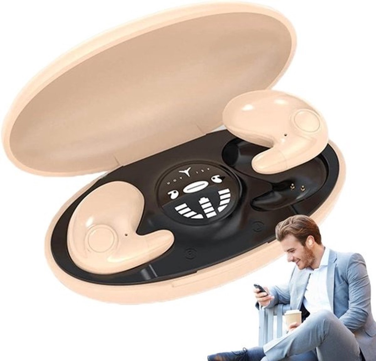 Draadloze Oordopjes - Slaap Hoofdtelefoon - Rustig Slapen - Dubbele Ruisonderdrukking - 480 Uur Batterij - Beige